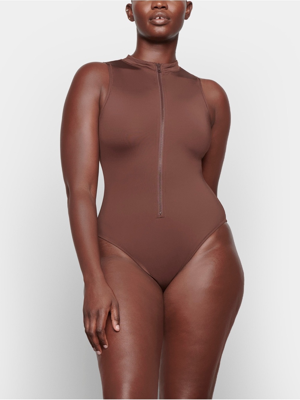 SKIMS Zip Front Sleeveless One Piece in cocoa
